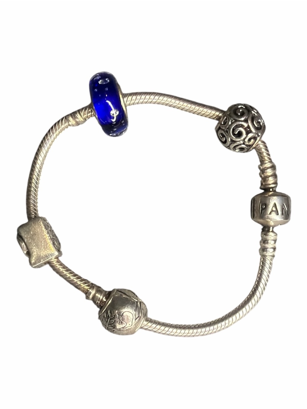 Pandora Sterling Silver Charm Bracelet w/ 4 Charms Blue Murano Glass S925